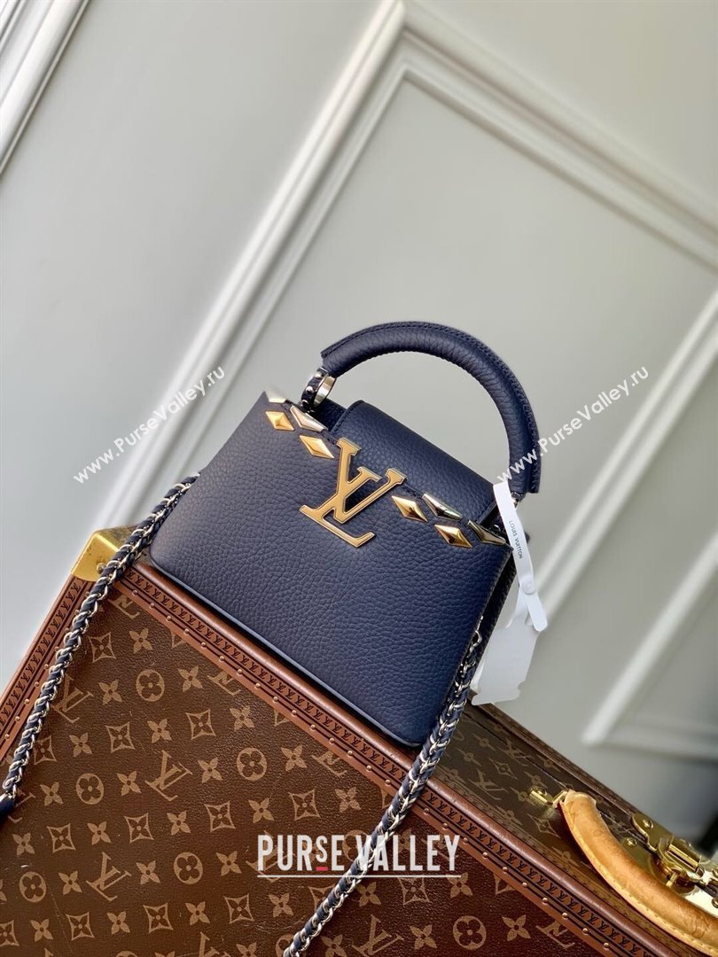 Louis Vuitton Capucines Mini Bag in Black Taurillon Leather with Maxi Studs M12751 Navy Blue 2025 (K-25021426)