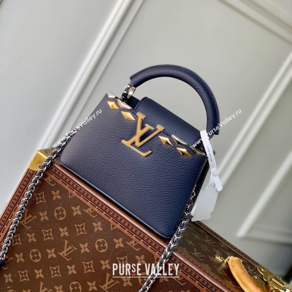Louis Vuitton Capucines Mini Bag in Black Taurillon Leather with Maxi Studs M12751 Navy Blue 2025 (K-25021426)