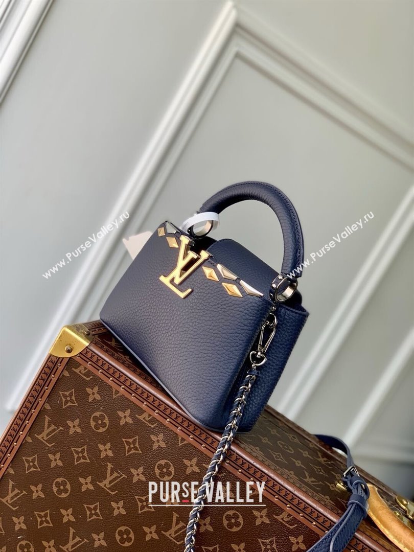 Louis Vuitton Capucines Mini Bag in Black Taurillon Leather with Maxi Studs M12751 Navy Blue 2025 (K-25021426)