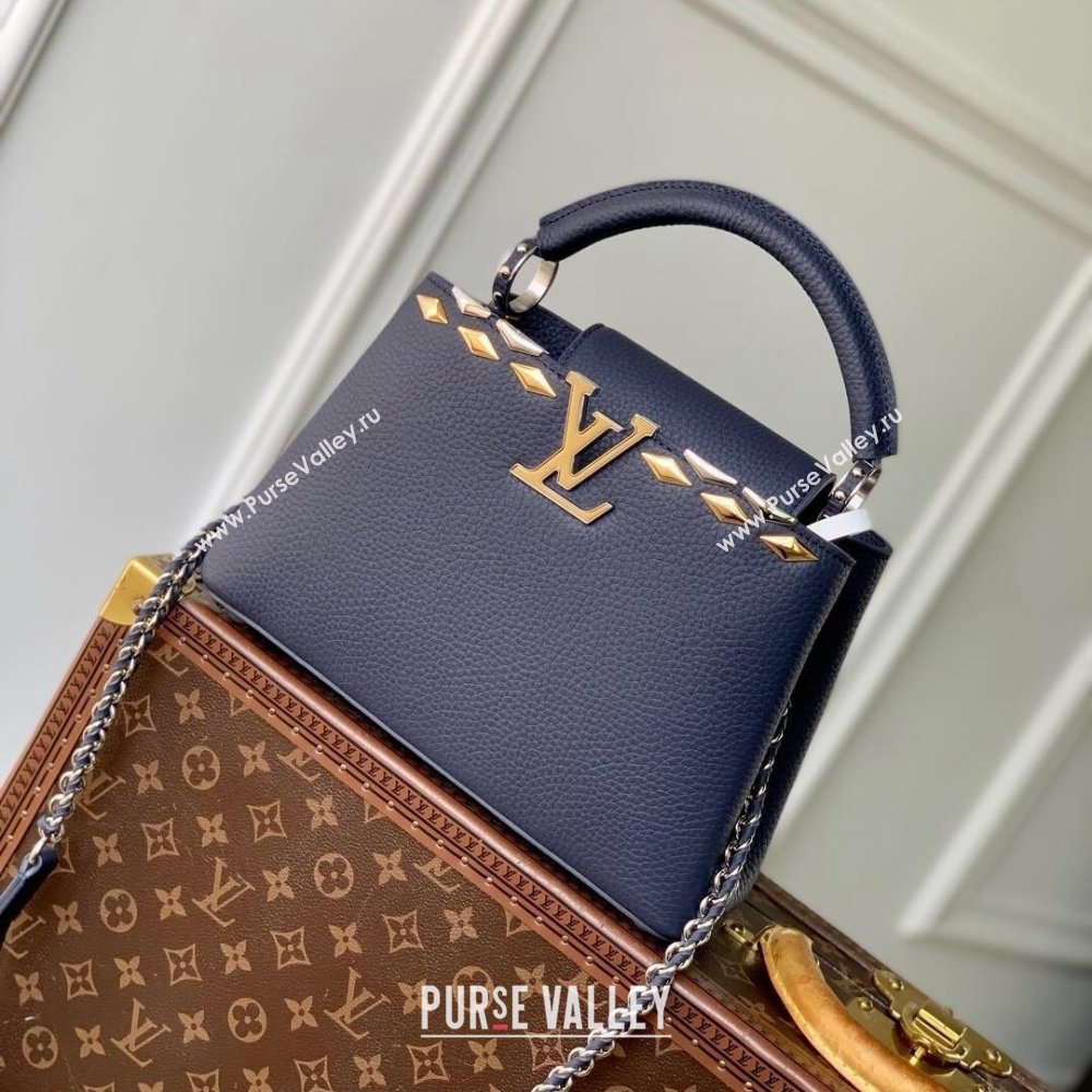 Louis Vuitton Capucines BB Bag in Black Taurillon Leather with Maxi Studs M12751 Navy Blue 2025 (K-25021427)