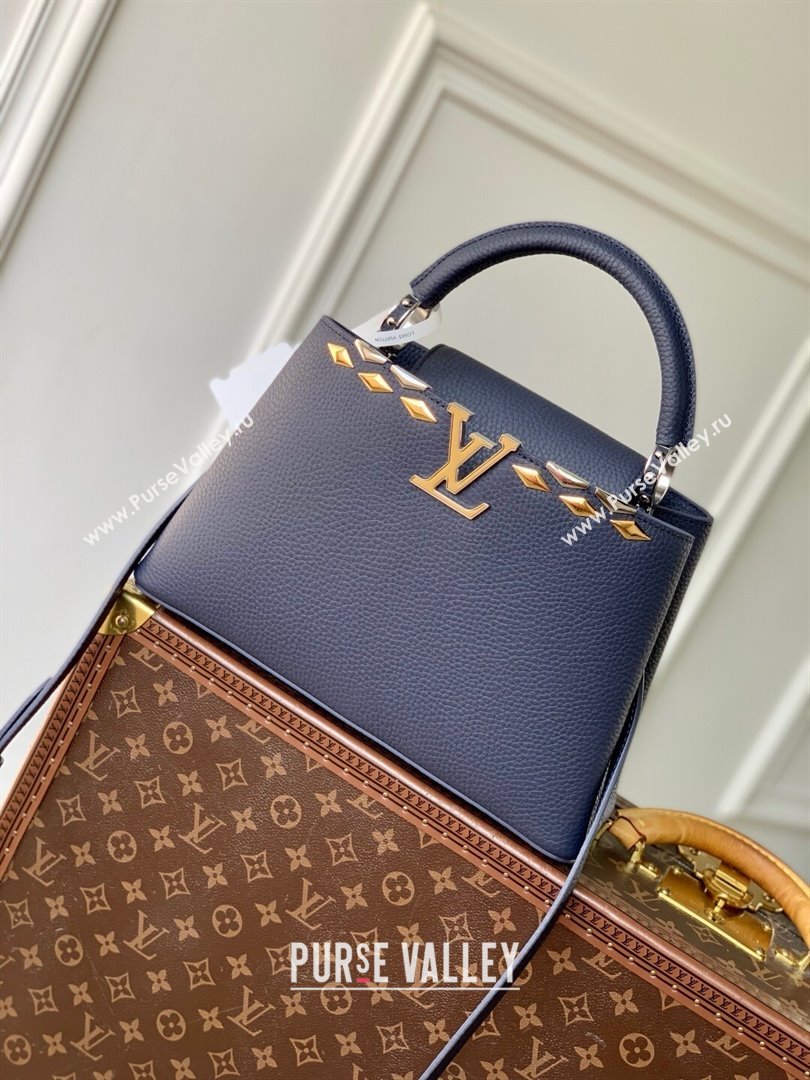 Louis Vuitton Capucines MM Bag in Black Taurillon Leather with Maxi Studs M12751 Navy Blue 2025 (K-25021429)