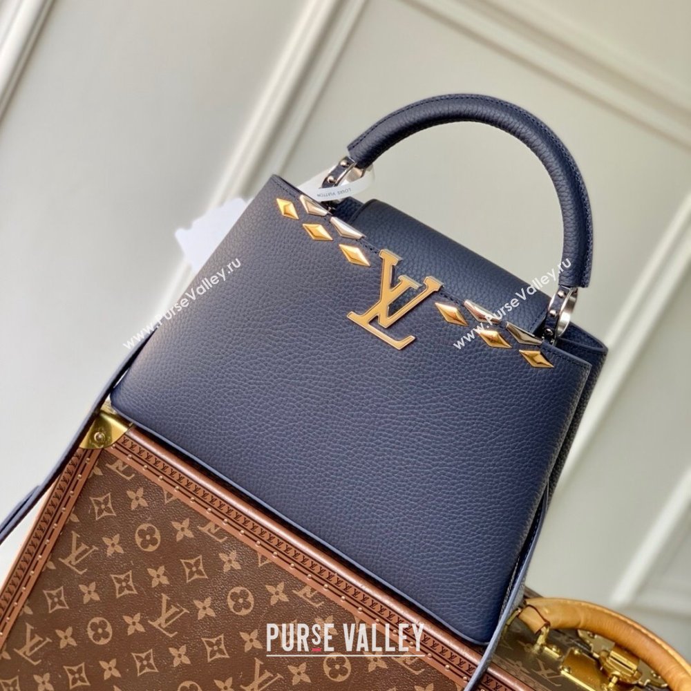 Louis Vuitton Capucines MM Bag in Black Taurillon Leather with Maxi Studs M12751 Navy Blue 2025 (K-25021429)