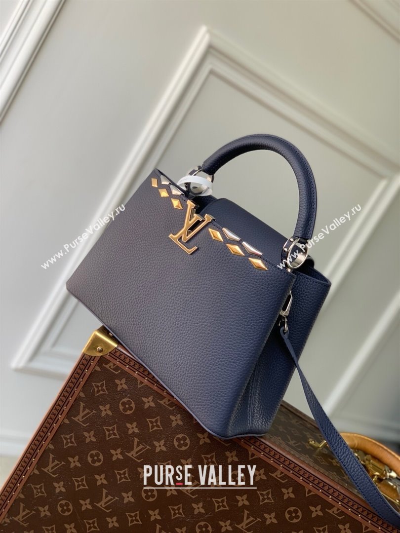 Louis Vuitton Capucines MM Bag in Black Taurillon Leather with Maxi Studs M12751 Navy Blue 2025 (K-25021429)