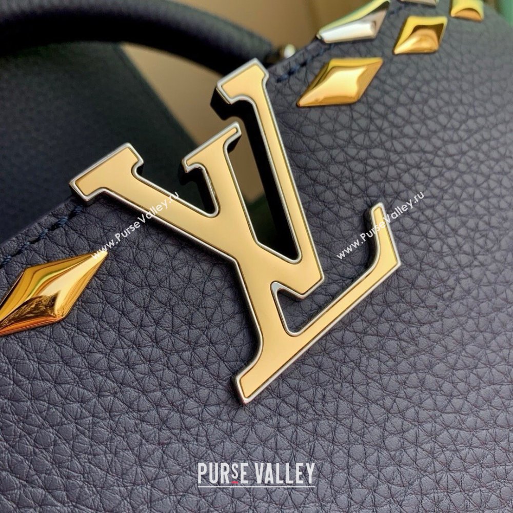 Louis Vuitton Capucines MM Bag in Black Taurillon Leather with Maxi Studs M12751 Navy Blue 2025 (K-25021429)