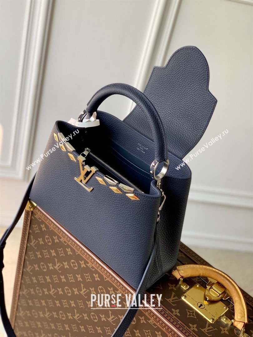 Louis Vuitton Capucines MM Bag in Black Taurillon Leather with Maxi Studs M12751 Navy Blue 2025 (K-25021429)