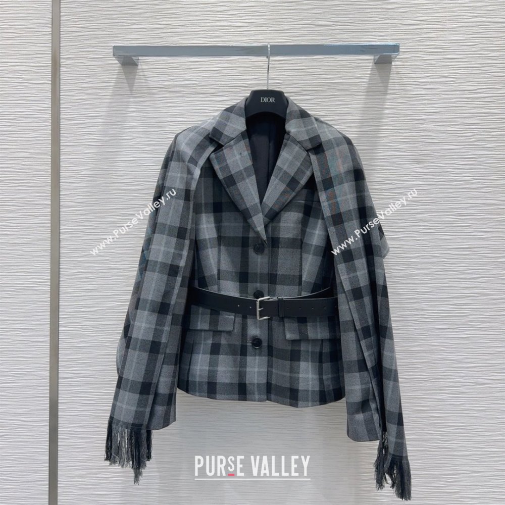 Dior Wool Blend Check Jacket with Scarf Grey 2025 0215 (QI-250215045)