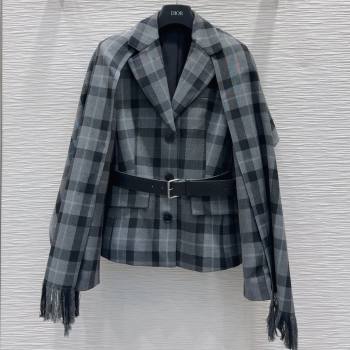 Dior Wool Blend Check Jacket with Scarf Grey 2025 0215 (QI-250215045)
