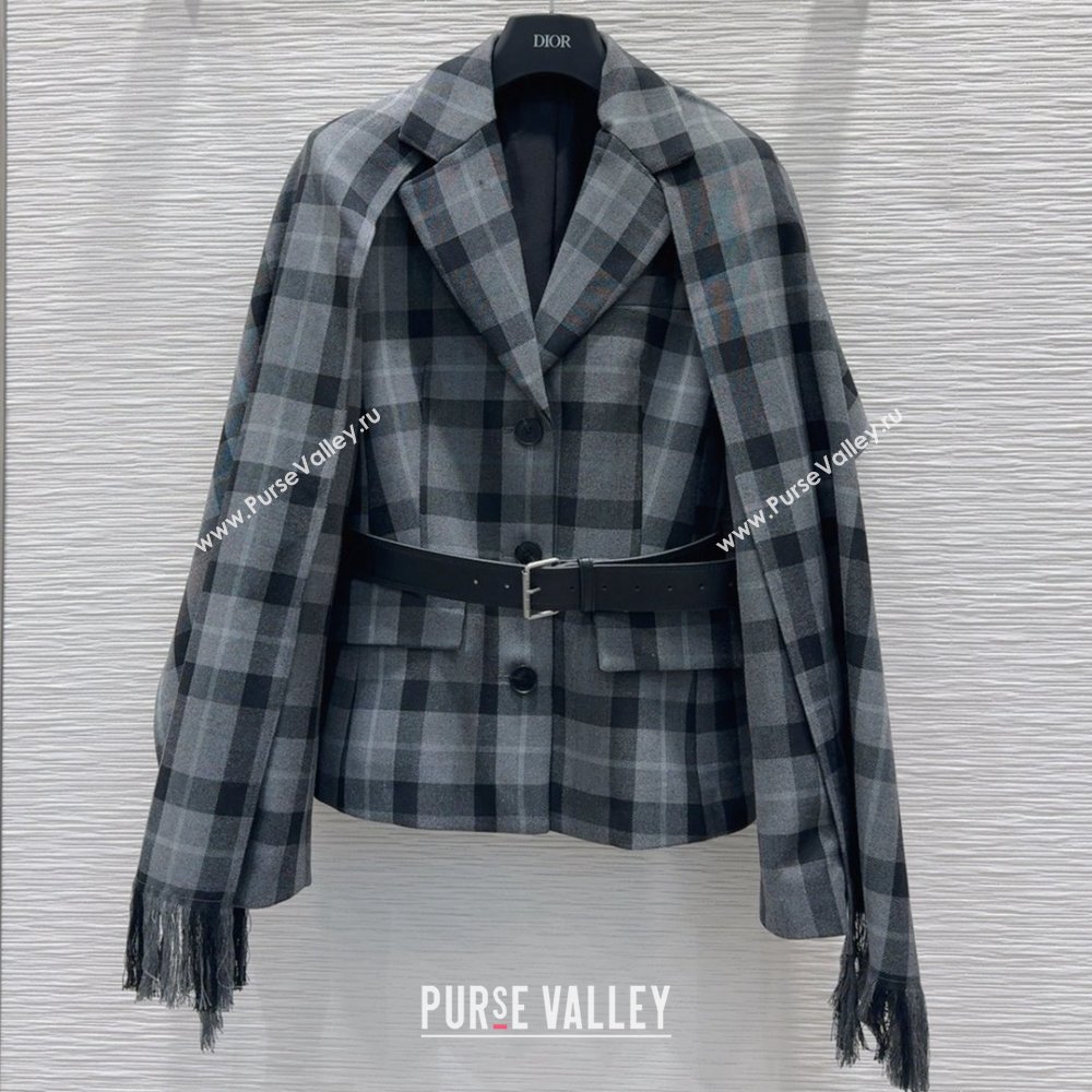 Dior Wool Blend Check Jacket with Scarf Grey 2025 0215 (QI-250215045)