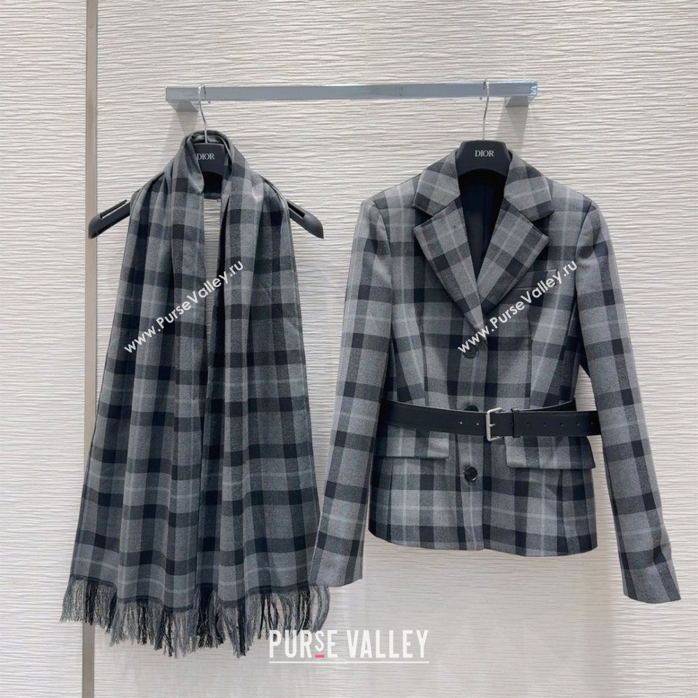 Dior Wool Blend Check Jacket with Scarf Grey 2025 0215 (QI-250215045)