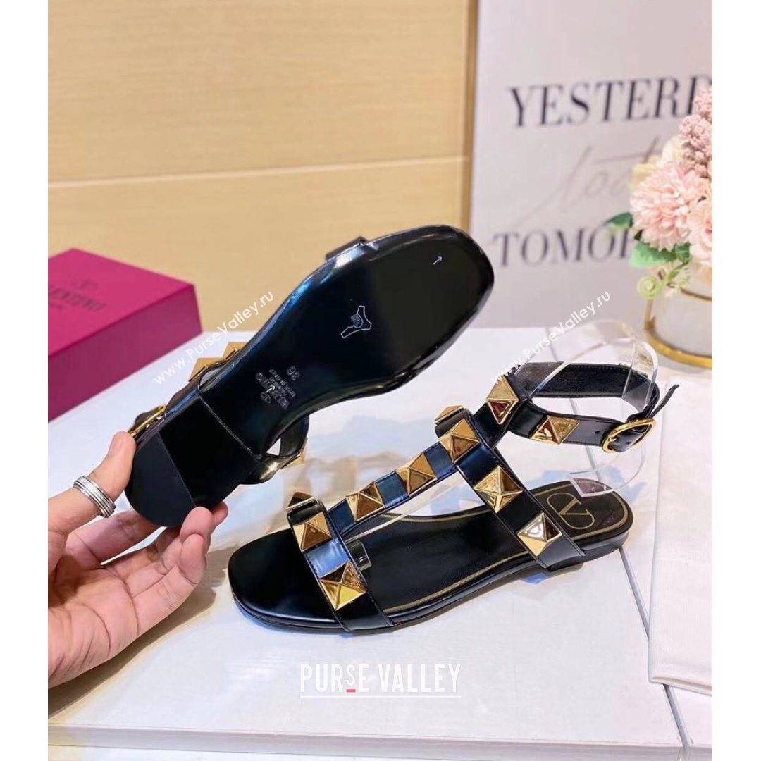 Valentino Roman Stud Calfskin Strap Flat Sandals Black 2021 (XL-21081319)