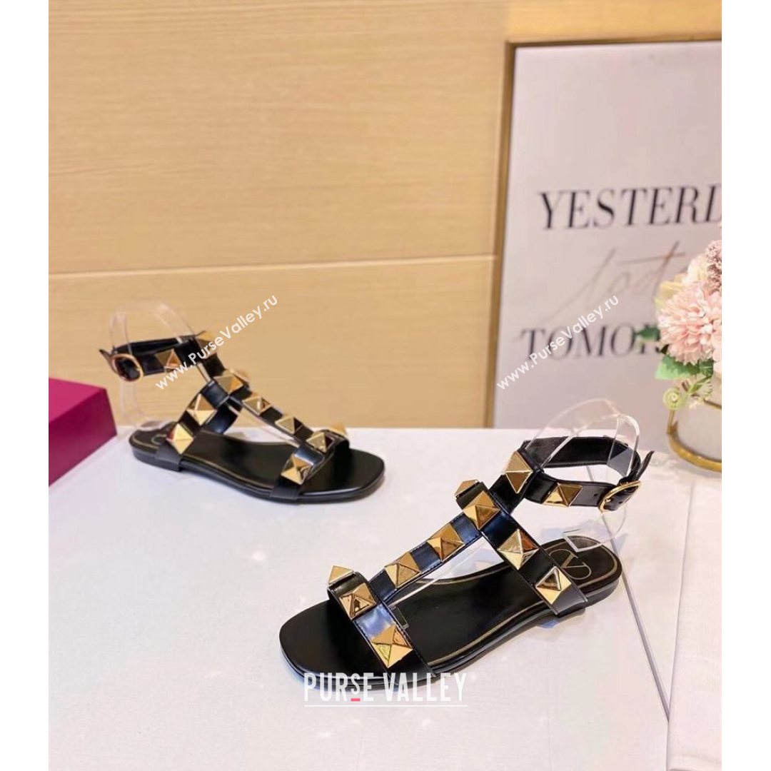 Valentino Roman Stud Calfskin Strap Flat Sandals Black 2021 (XL-21081319)