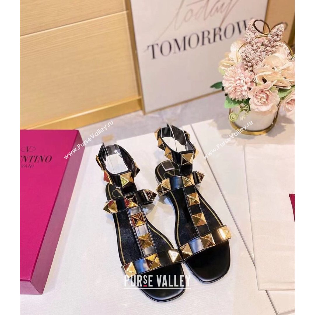 Valentino Roman Stud Calfskin Strap Flat Sandals Black 2021 (XL-21081319)