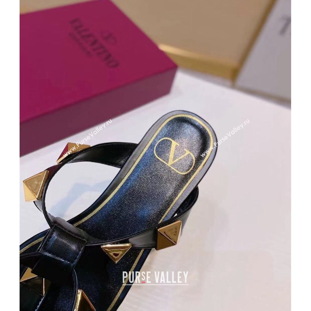 Valentino Roman Stud Calfskin Strap Flat Sandals Black 2021 (XL-21081319)