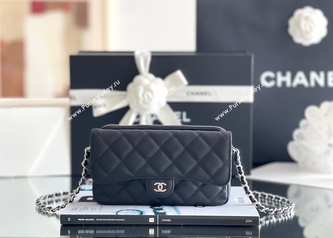 Chanel Grained Calfskin Flap Phone Holder with Chain AP2096 Black 2024 Top Quality (MHE-24091312)