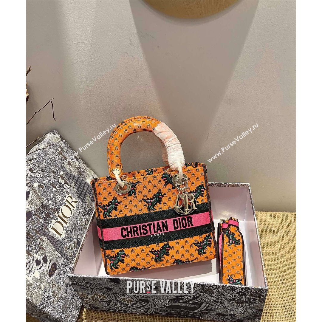 Dior Medium Lady D-Lite Bag in Orange Multicolor Dragon & Fire Embroidery 2021 (XXG-21090724)