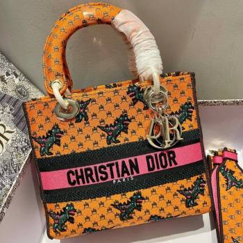 Dior Medium Lady D-Lite Bag in Orange Multicolor Dragon & Fire Embroidery 2021 (XXG-21090724)