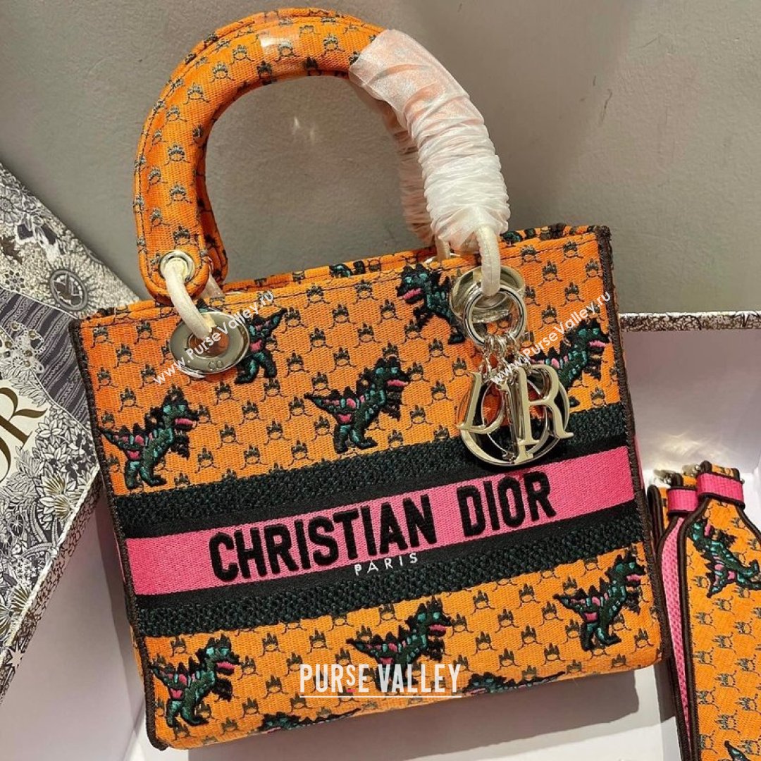 Dior Medium Lady D-Lite Bag in Orange Multicolor Dragon & Fire Embroidery 2021 (XXG-21090724)