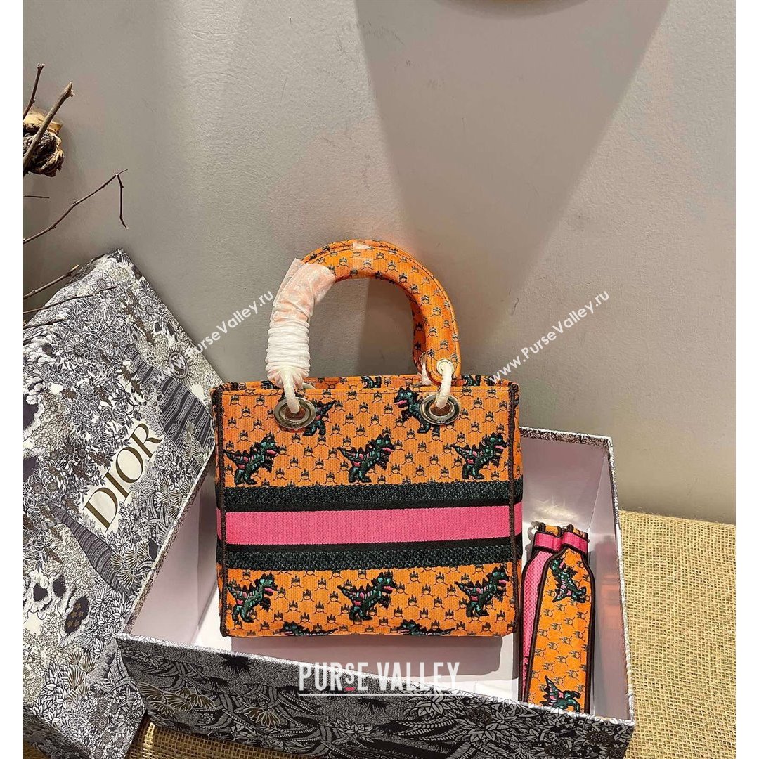 Dior Medium Lady D-Lite Bag in Orange Multicolor Dragon & Fire Embroidery 2021 (XXG-21090724)