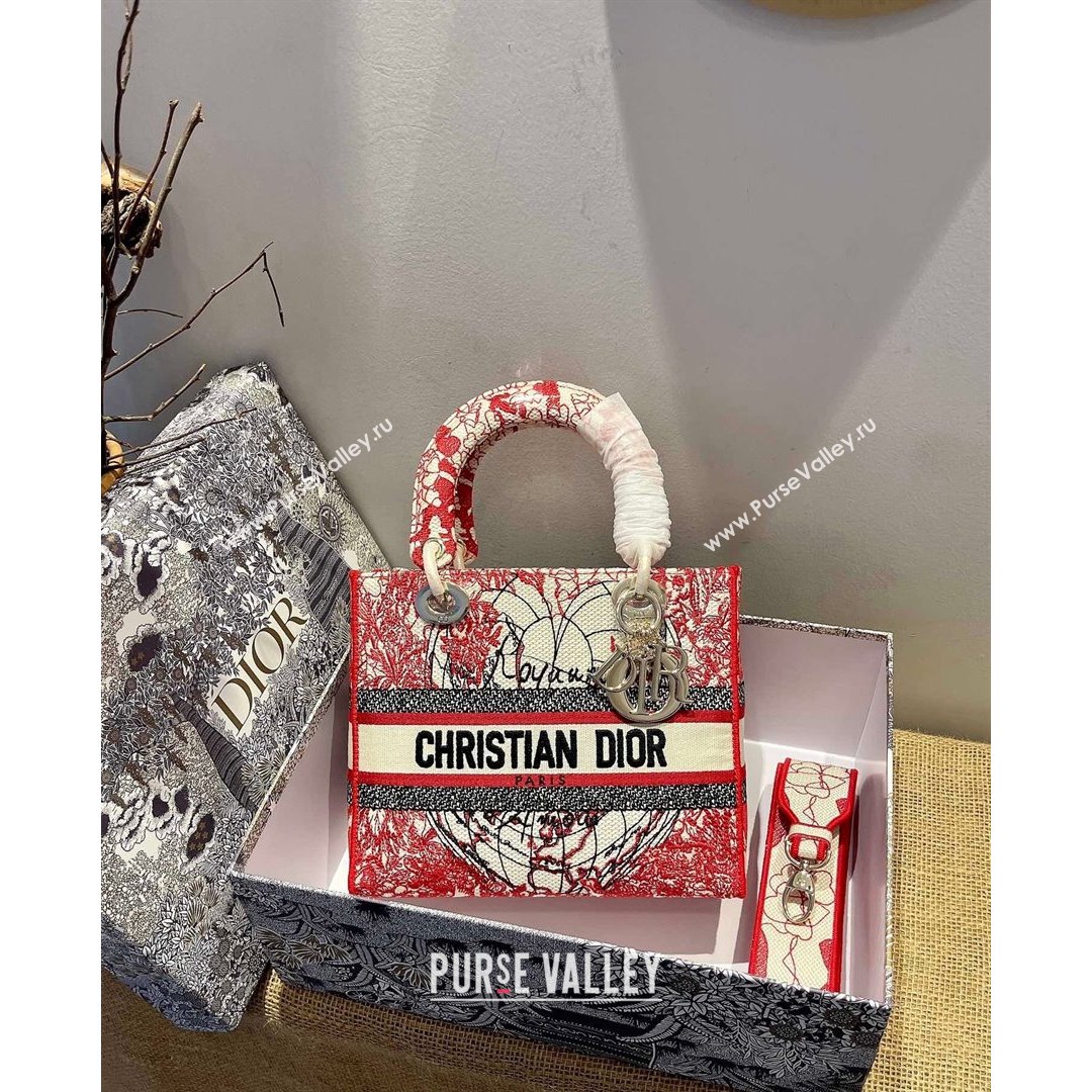 Dior Medium Lady D-Lite Bag in Red and White D-Royaume dAmour Embroidery 2021 (XXG-21090725)
