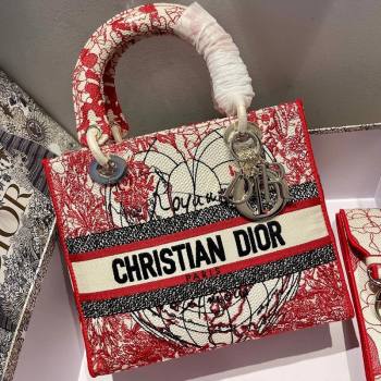 Dior Medium Lady D-Lite Bag in Red and White D-Royaume dAmour Embroidery 2021 (XXG-21090725)