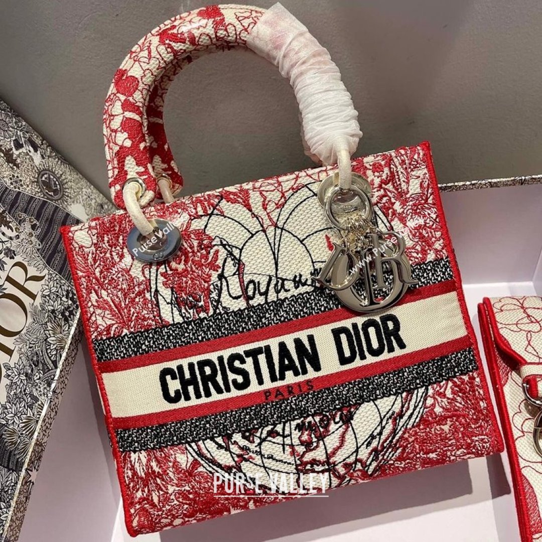 Dior Medium Lady D-Lite Bag in Red and White D-Royaume dAmour Embroidery 2021 (XXG-21090725)