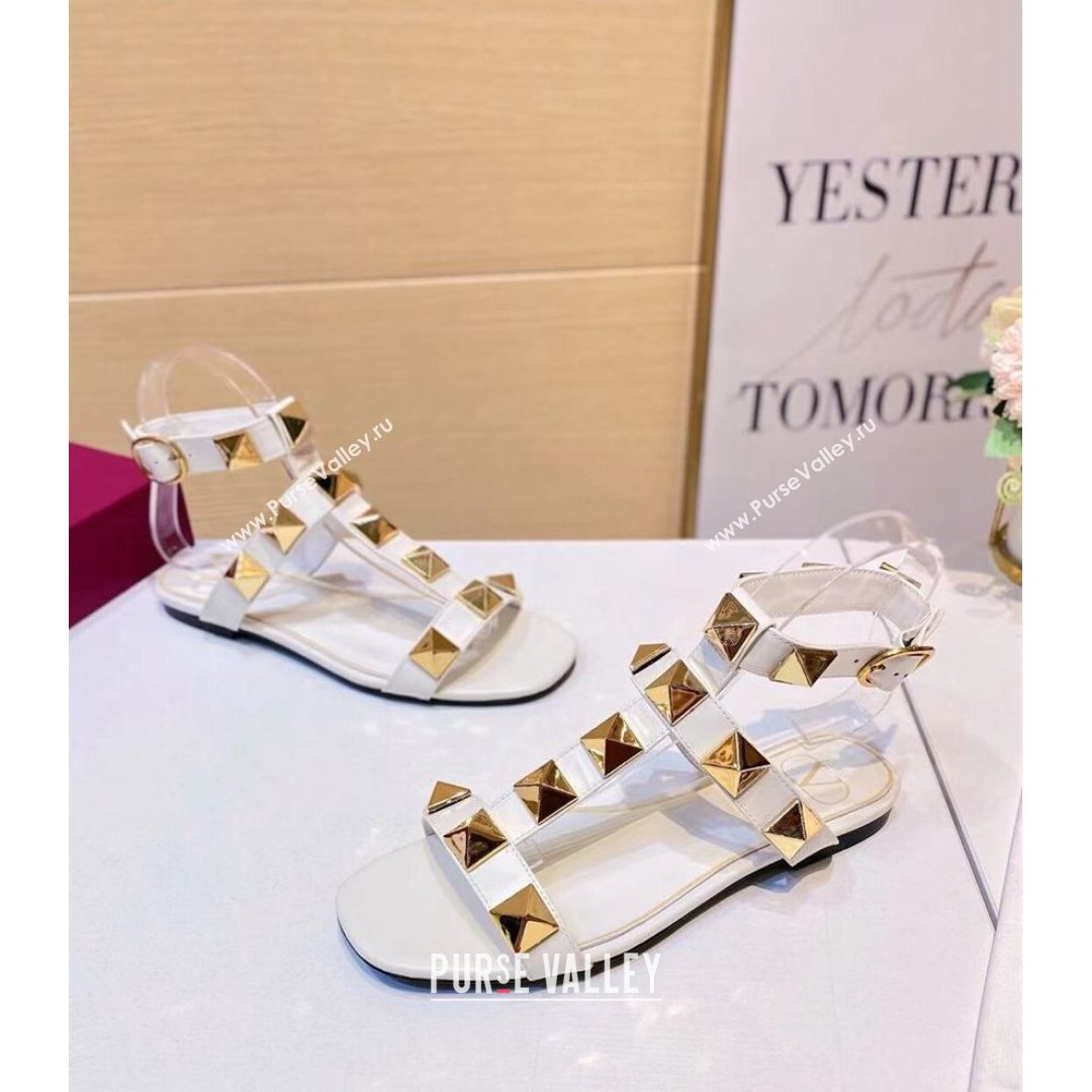 Valentino Roman Stud Calfskin Strap Flat Sandals White 2021 (XL-21081326)