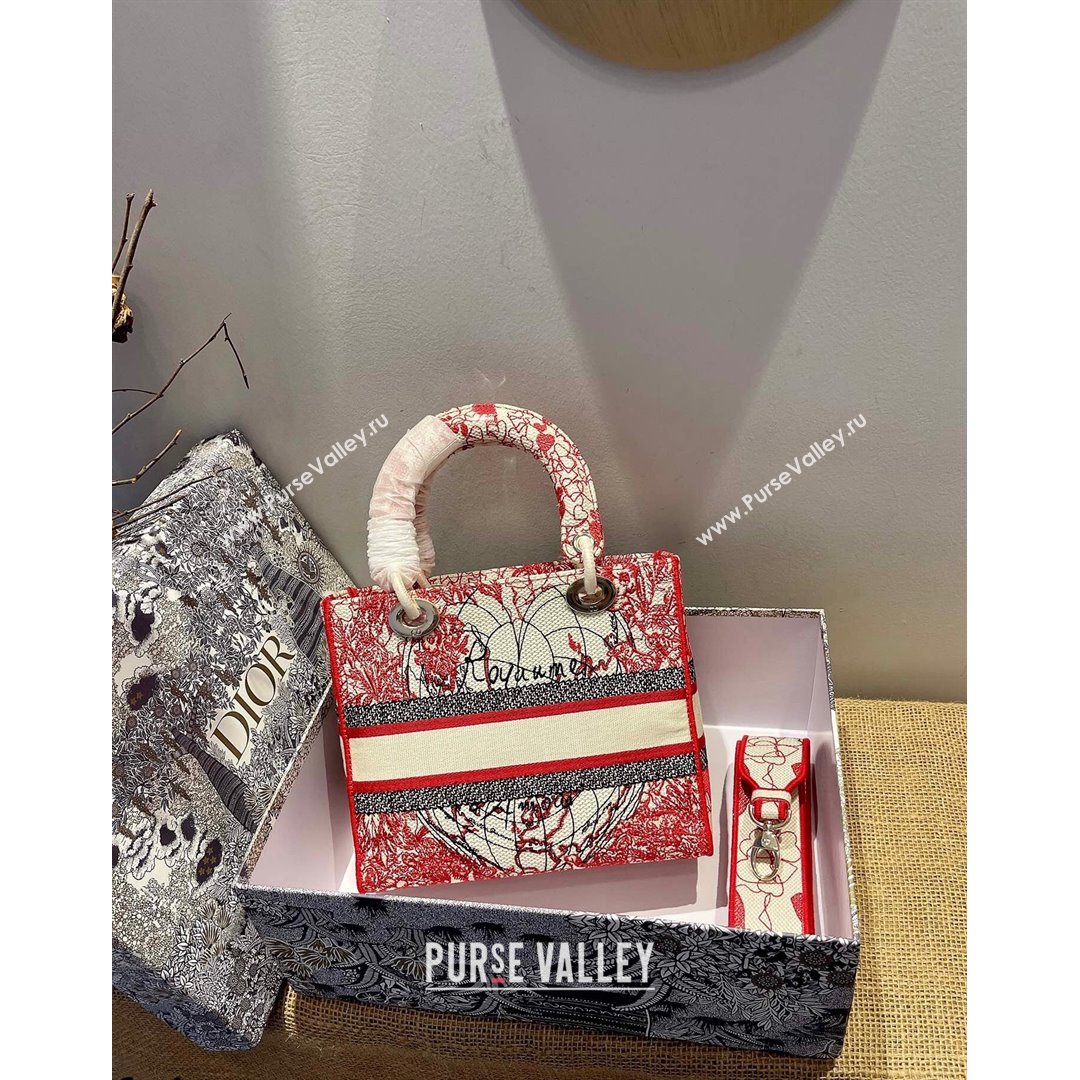 Dior Medium Lady D-Lite Bag in Red and White D-Royaume dAmour Embroidery 2021 (XXG-21090725)