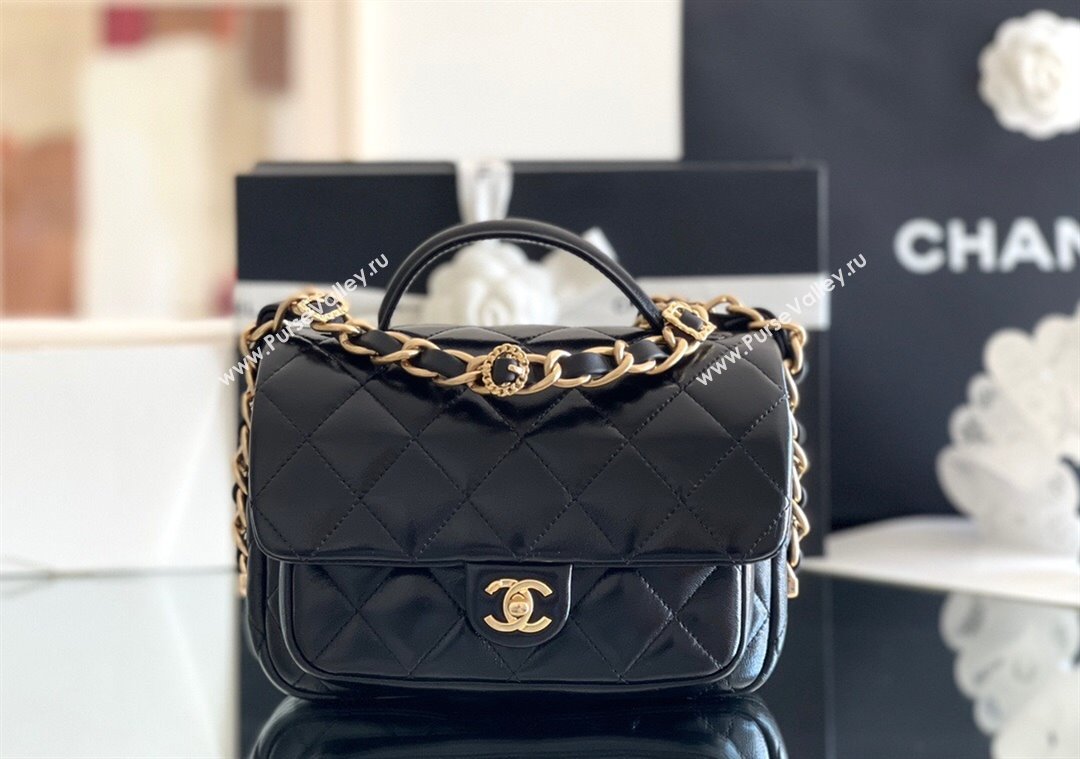 Chanel Shiny Lambskin Mini Flap Bag with Top Handle AS4992 Black 2024 Top Quality (MHE-24091308)