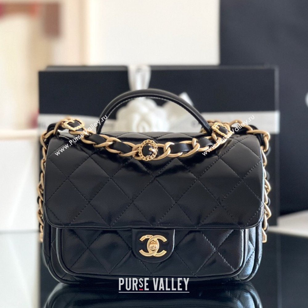 Chanel Shiny Lambskin Mini Flap Bag with Top Handle AS4992 Black 2024 Top Quality (MHE-24091308)