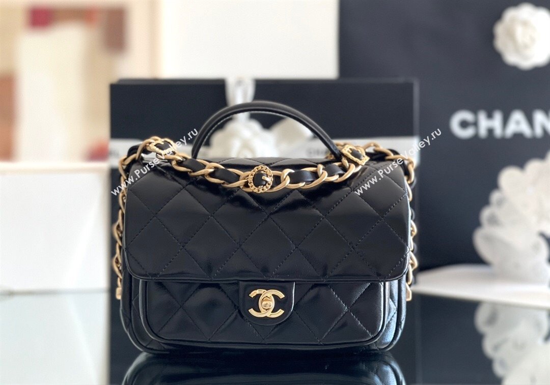 Chanel Shiny Lambskin Mini Flap Bag with Top Handle AS4992 Black 2024 Top Quality (MHE-24091308)