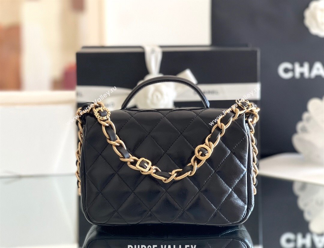 Chanel Shiny Lambskin Mini Flap Bag with Top Handle AS4992 Black 2024 Top Quality (MHE-24091308)