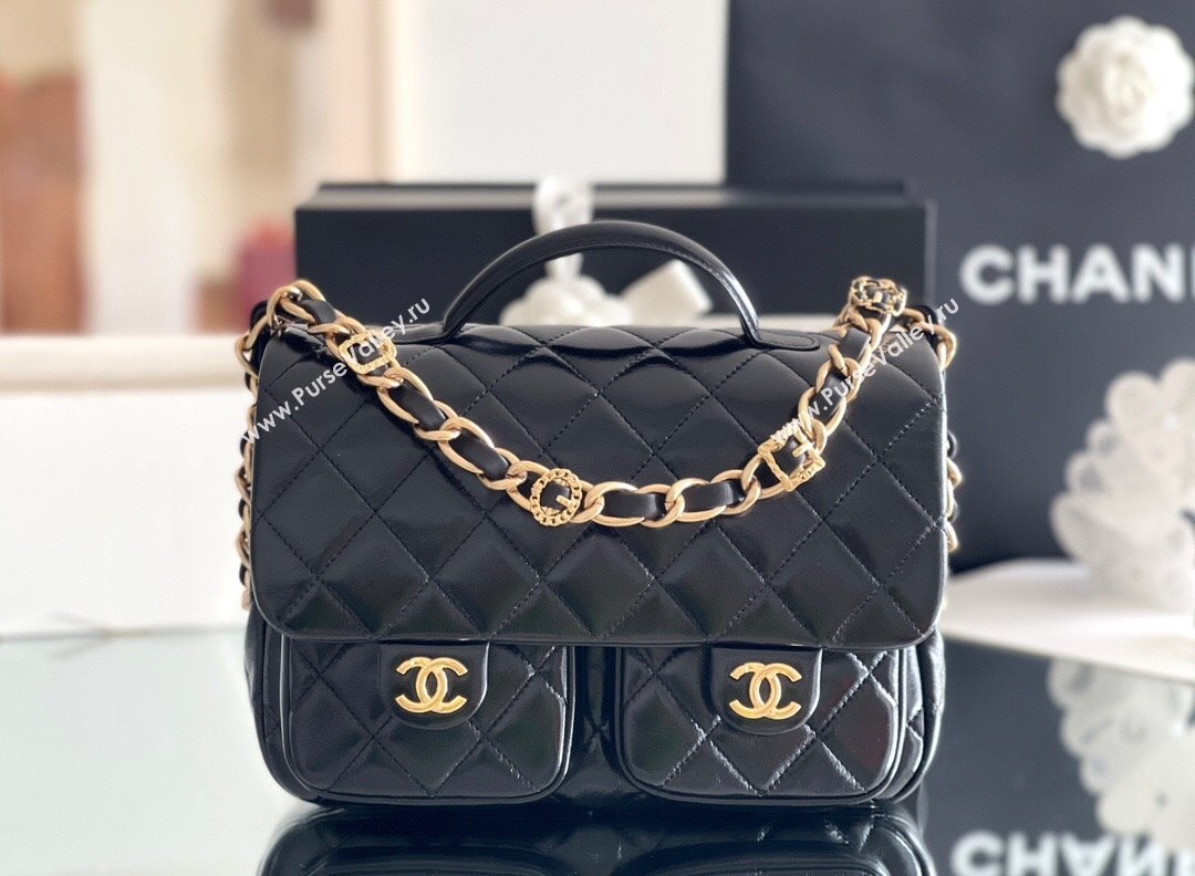 Chanel Shiny Lambskin Flap Bag with Top Handle and Pocket AS4993 Black 2024 Top Quality (MHE-24091307)