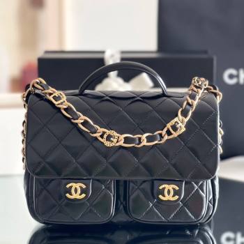 Chanel Shiny Lambskin Flap Bag with Top Handle and Pocket AS4993 Black 2024 Top Quality (MHE-24091307)