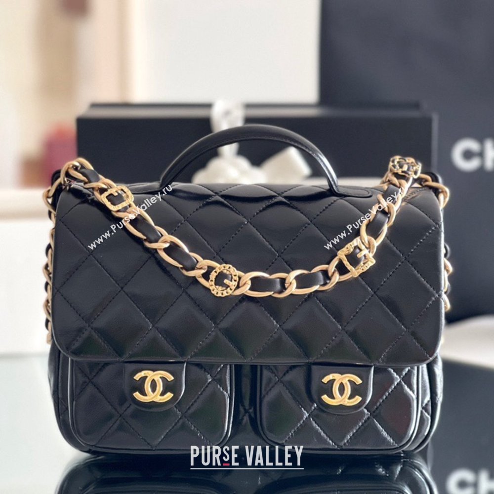 Chanel Shiny Lambskin Flap Bag with Top Handle and Pocket AS4993 Black 2024 Top Quality (MHE-24091307)