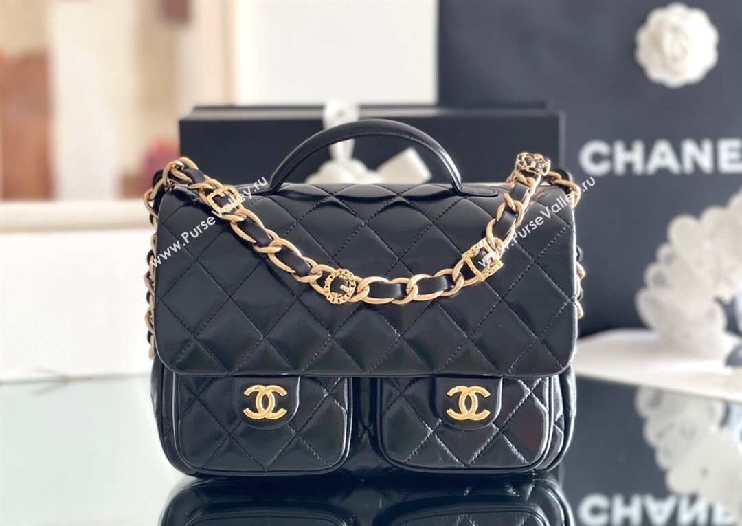 Chanel Shiny Lambskin Flap Bag with Top Handle and Pocket AS4993 Black 2024 Top Quality (MHE-24091307)