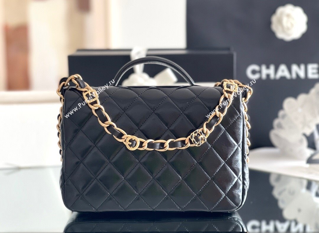 Chanel Shiny Lambskin Flap Bag with Top Handle and Pocket AS4993 Black 2024 Top Quality (MHE-24091307)