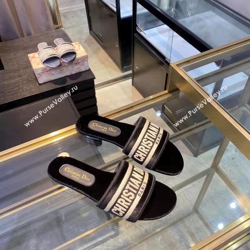 Dior Velvet Embroidered Slide Sandals Black 2020 (MD-20120366)