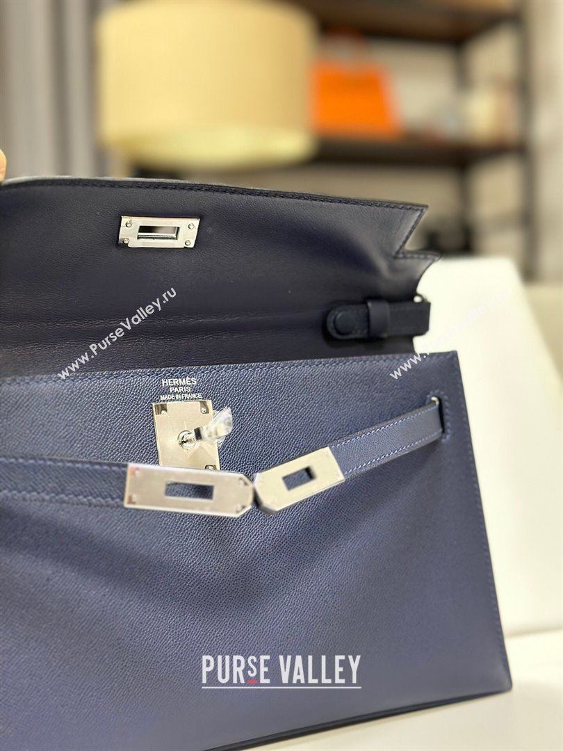 Hermes Kelly Elan Bag in Madame Leather Blue/Silver 2024(Half Handmade) (JIMMY-24022208)