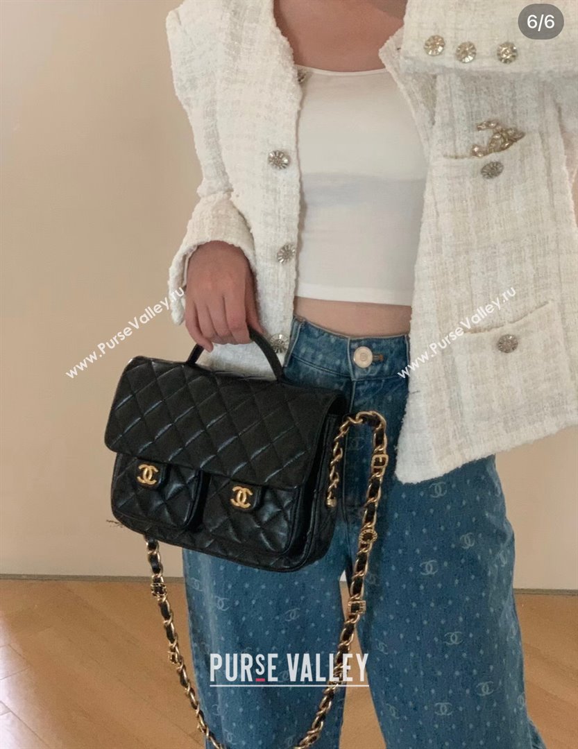 Chanel Shiny Lambskin Flap Bag with Top Handle and Pocket AS4993 Black 2024 Top Quality (MHE-24091307)