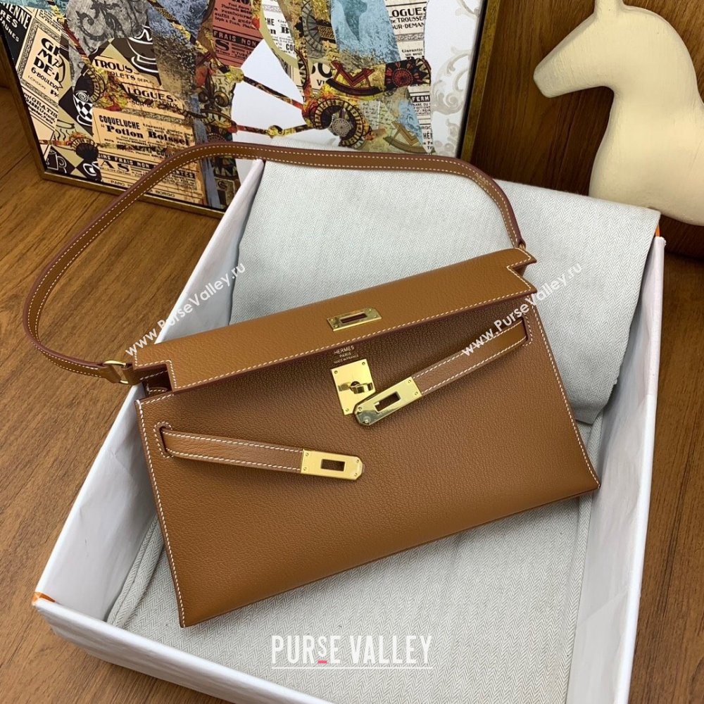 Hermes Kelly Elan Bag in Chevre Leather Brown/Gold 2024(Handmade) (XYA-24022213)