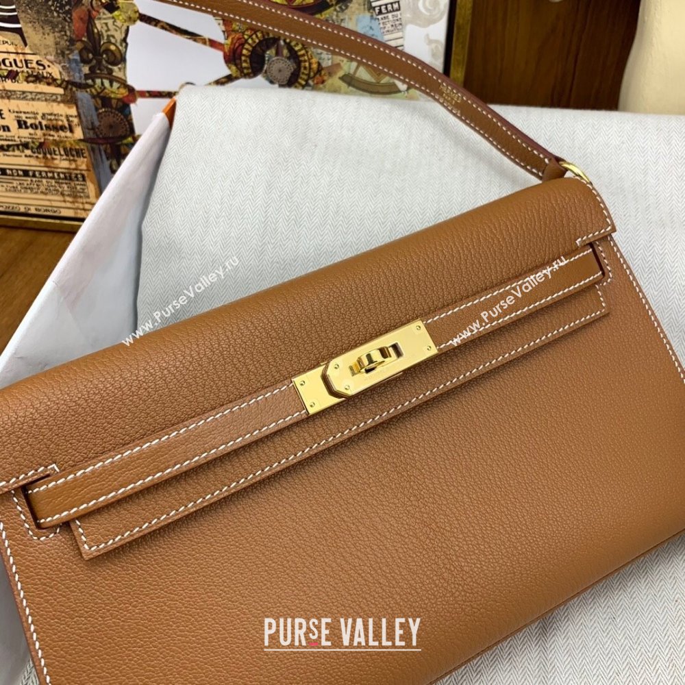 Hermes Kelly Elan Bag in Chevre Leather Brown/Gold 2024(Handmade) (XYA-24022213)