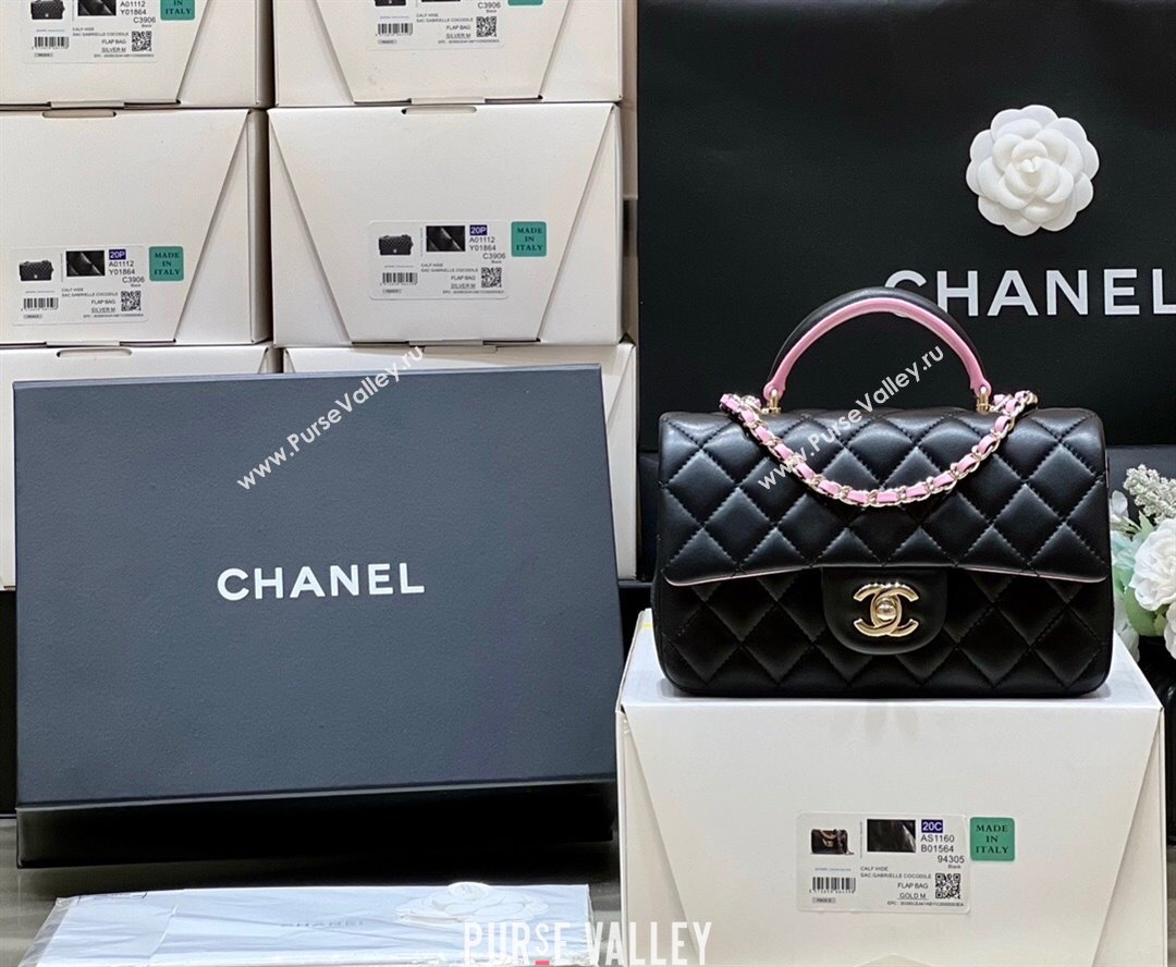 Chanel Lambskin Mini Flap Bag with Top Handle AS2431 Black/Pink 2024 Top Quality (SHUNY-24091305)