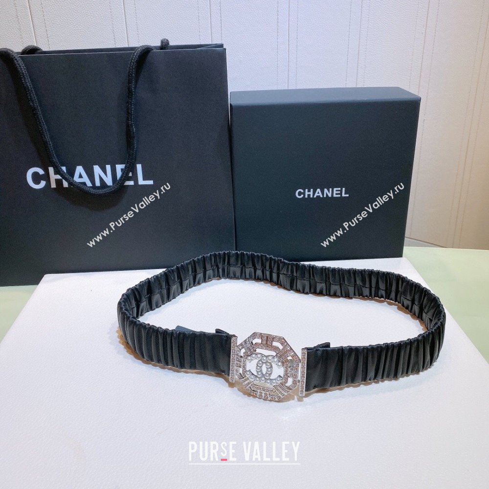 Chanel Stretch Calfskin Belt with Crystal Buckle 3cm CH102919 Black 2024 (YANG-24102919)