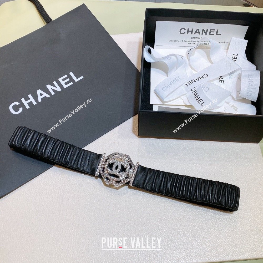 Chanel Stretch Calfskin Belt with Crystal Buckle 3cm CH102919 Black 2024 (YANG-24102919)