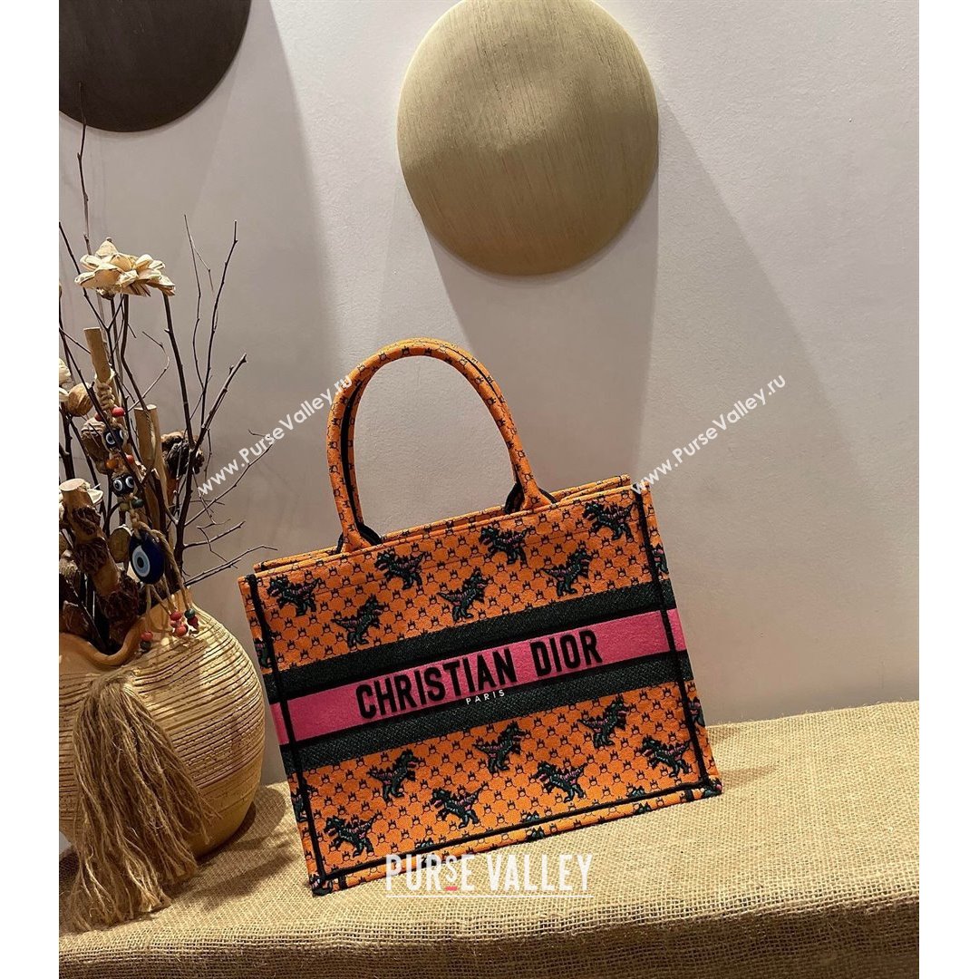 Dior Small Book Tote Bag in Orange Multicolor Dragon & Fire Embroidery 2021 (XXG-21090712)