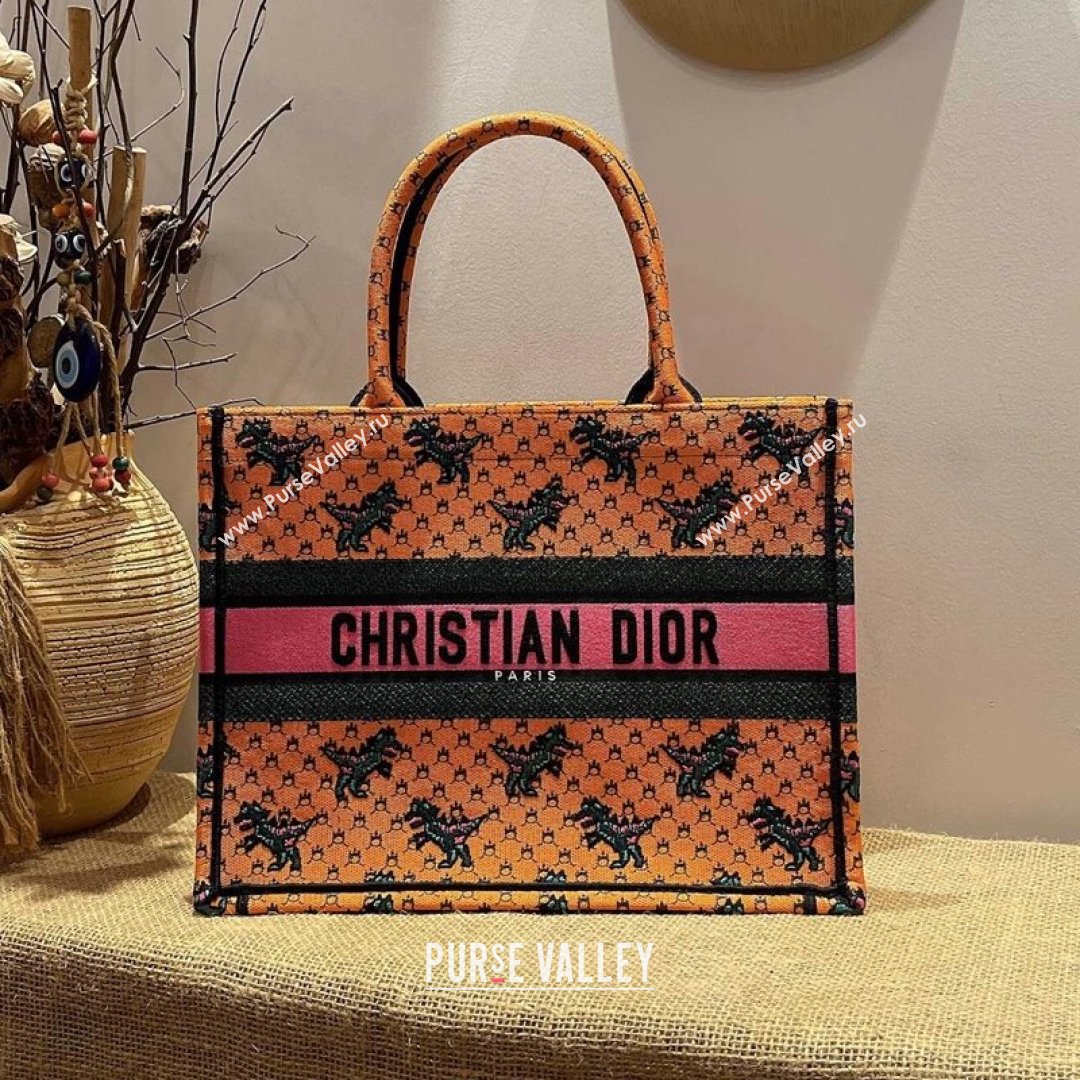 Dior Small Book Tote Bag in Orange Multicolor Dragon & Fire Embroidery 2021 (XXG-21090712)