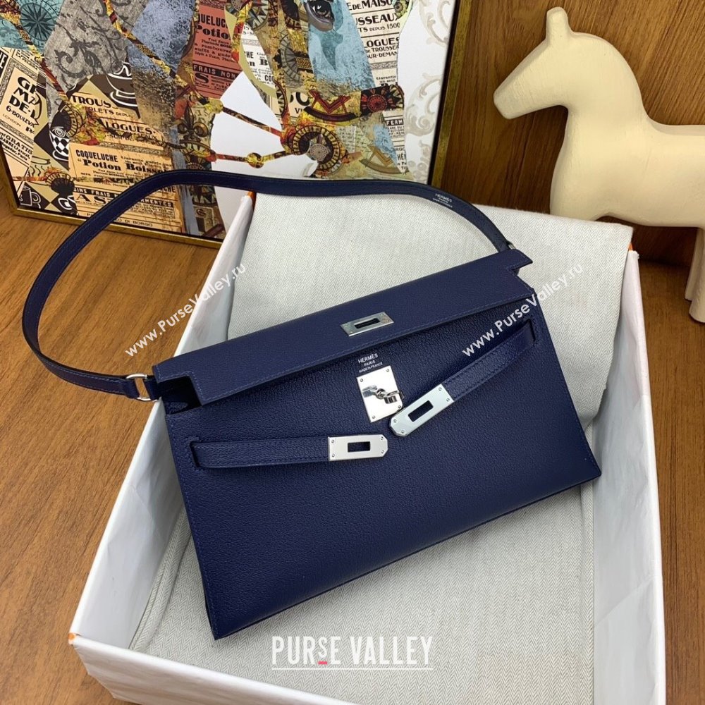 Hermes Kelly Elan Bag in Chevre Leather Blue/Silver 2024(Handmade) (XYA-24022217)