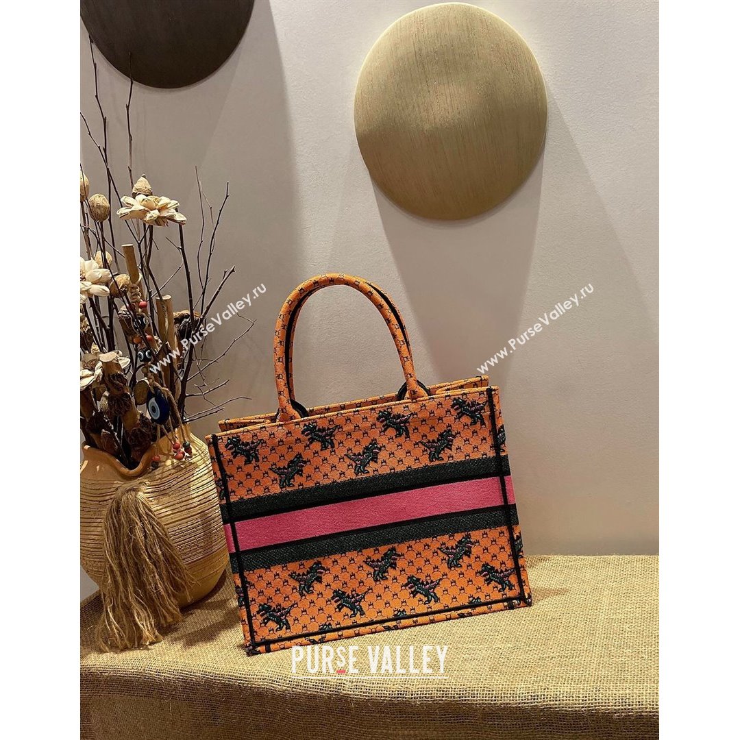 Dior Small Book Tote Bag in Orange Multicolor Dragon & Fire Embroidery 2021 (XXG-21090712)