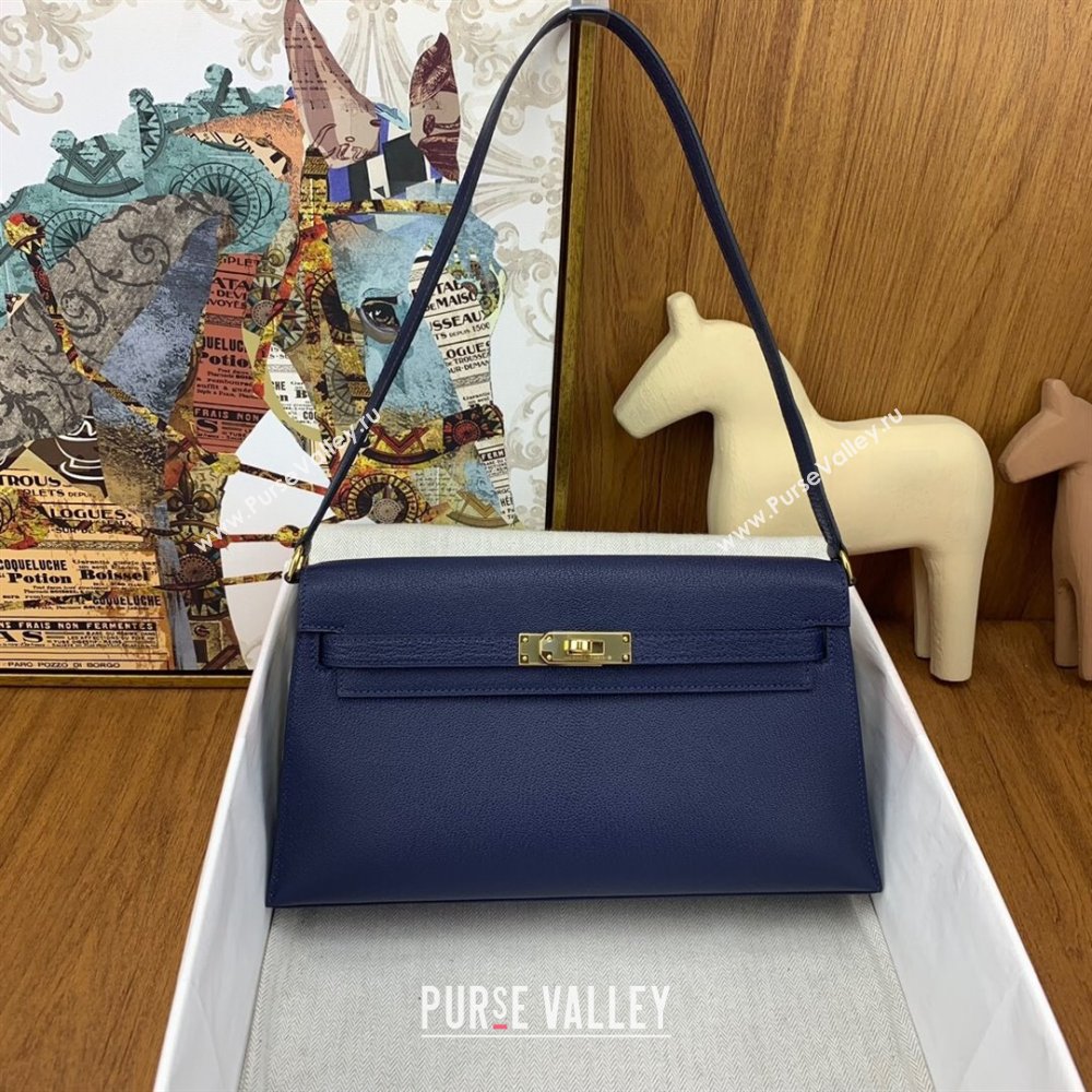 Hermes Kelly Elan Bag in Chevre Leather Blue/Gold 2024(Handmade) (XYA-24022216)