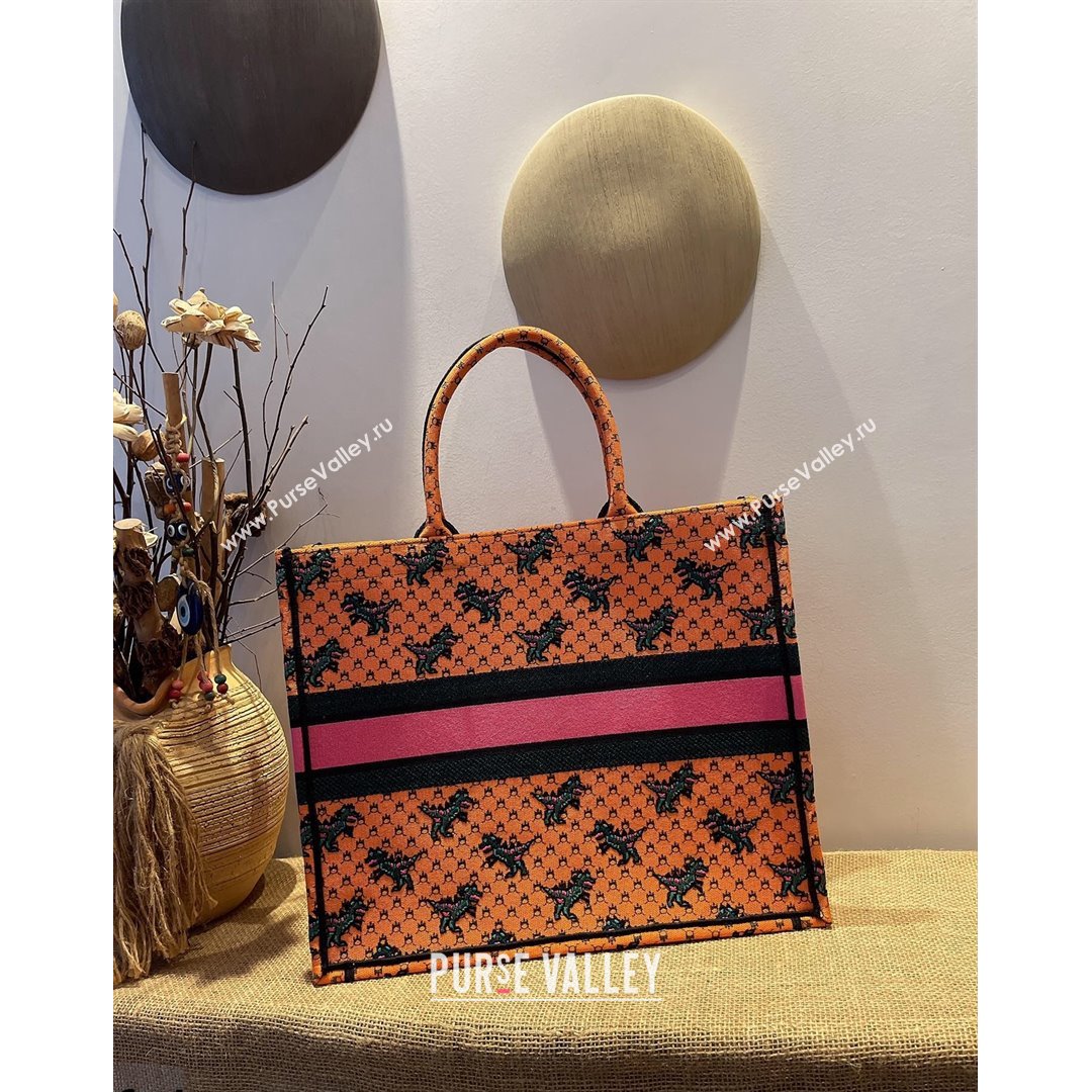 Dior Large Book Tote Bag in Orange Multicolor Dragon & Fire Embroidery 2021 (XXG-21090713)